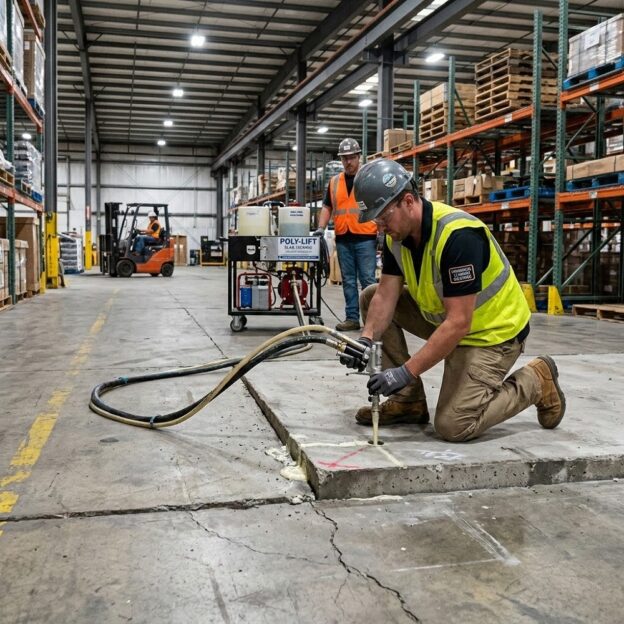 A professional technician using concrete lifting equipment to repair and level a commercial warehouse concrete slab