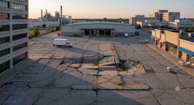An aerial photograph taken at sunset shows a large, severely cracked and sinkhole-ridden asphalt parking lot in a commercial and industrial area. Deep fissures and a massive central collapsing sinkhole dominate the surface, with green weeds growing through the decay.